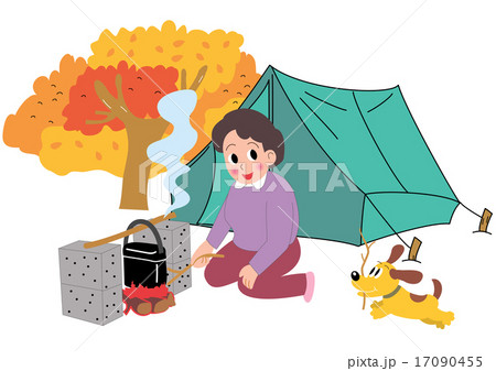 秋のキャンプでハンゴウ炊飯するお母さんと犬のイラスト素材