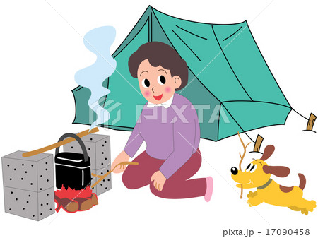 キャンプでハンゴウ炊飯するお母さんと犬のイラスト素材