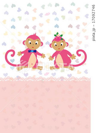 可愛いピンクの二匹のサルのイラストポストカードのイラスト素材