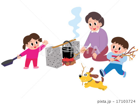 キャンプでハンゴウ炊飯するお母さんと子供たちと犬  17103724