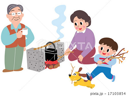 キャンプでハンゴウ炊飯するお母さんとお父さんと男の子と犬   17103854