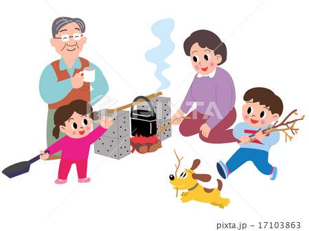 キャンプでハンゴウ炊飯するお母さんとお父さんと子供たちと犬のイラスト素材