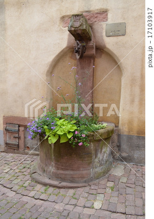 フランス アルザス地方の使われなくなった井戸の花壇の写真素材