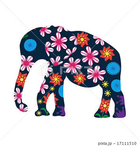 Cute elephant silhouette with bright flowers Cute elephant silhouette with bright flowers 17111510