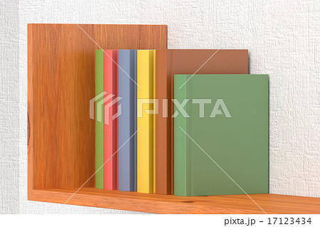 Colored books on wooden bookshelf Colored books on wooden bookshelf 17123434