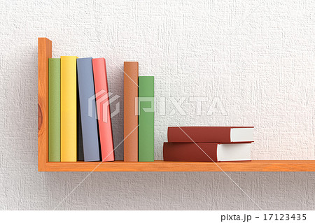 Colored books on wooden bookshelf Colored books on wooden bookshelf 17123435