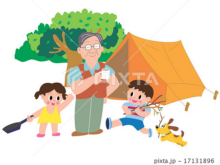 キャンプでコーヒーカップを持つお父さんと子供たちと犬 キャンプでコーヒーカップを持つお父さんと子供たちと犬 17131896