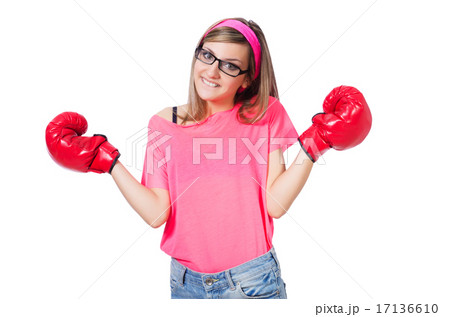 Young lady with boxing gloves on white Young lady with boxing gloves on white 17136610