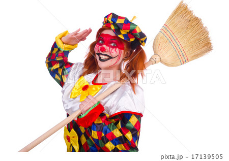 Clown with broom isolated on white Clown with broom isolated on white 17139505