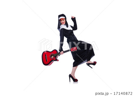 Nun playing guitar isolated on white 17140872