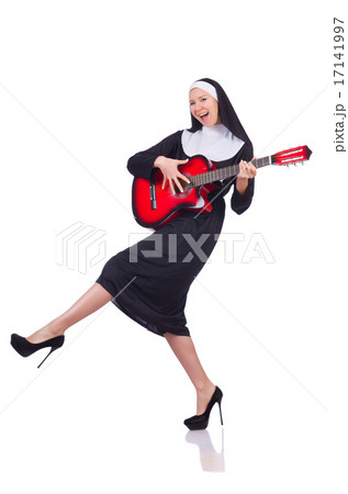 Nun playing guitar isolated on white 17141997