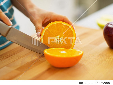 Closeup on woman cutting orange Closeup on woman cutting orange 17175960