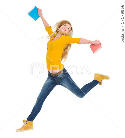 Happy student girl with books jumping 17179966