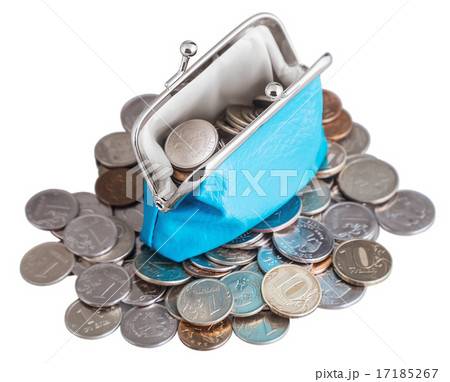 blue purse and coins isolated on white background 17185267