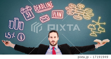 Composite image of unsmiling businessman sitting with arms outst 17191949