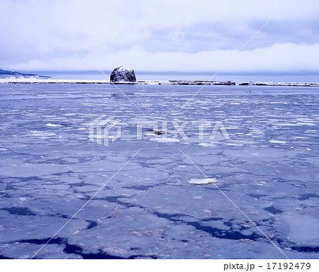 「世界自然遺産」北海道、知床のウトロ港に接岸する流氷群とオロンコ岩「知床国立公園」 17192479
