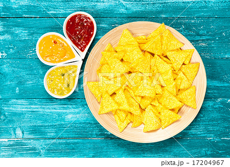 Plate of nachos with different dips Plate of nachos with different dips 17204967