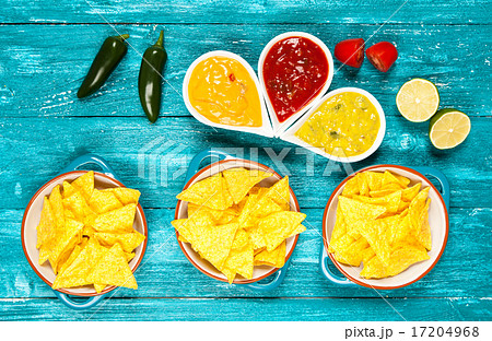 Plate of nachos with different dips Plate of nachos with different dips 17204968