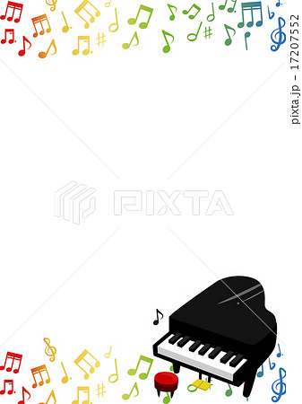 ピアノと音譜の虹色縦フレームのイラスト素材