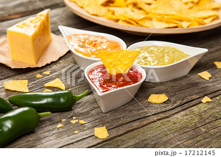 Plate of nachos with different dips 17212145