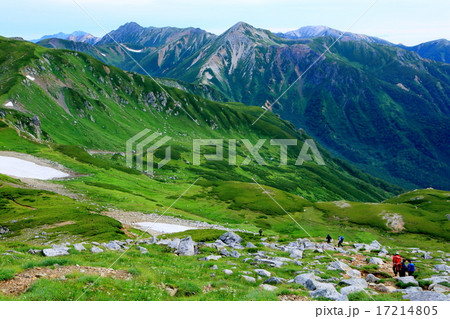 北アルプス・双六岳稜線を行く登山者と鷲羽岳・水晶岳 17214805