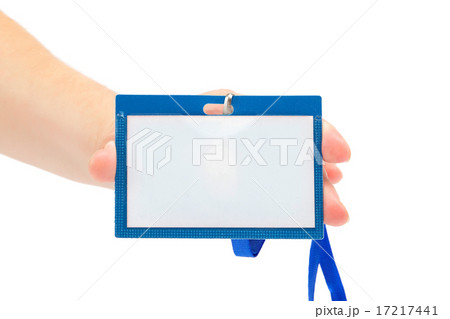 Female hand with a name tag on white background. 17217441