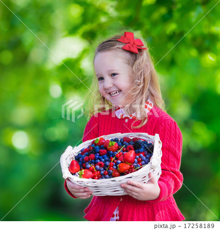 Little girl with fresh berries in a basket Little girl with fresh berries in a basket 17258189