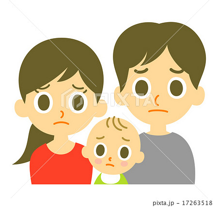 両親と赤ちゃん 困り顔のイラスト素材