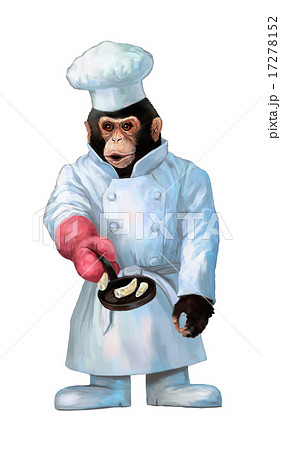 コックのチンパンジーがフライパンでバナナを調理する 17278152