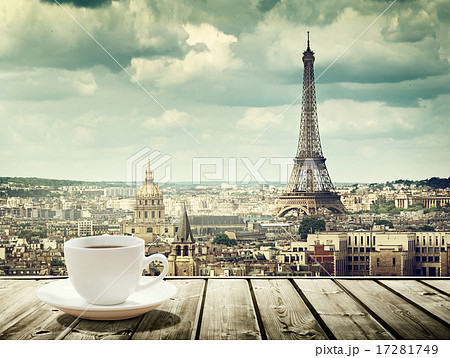 background with cup of coffee and Eiffel tower 17281749