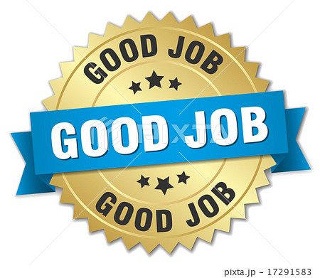 Good Job 3d Gold Badge With Blue Ribbon Stock Illustration