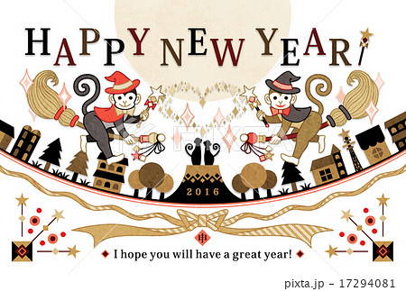 2016年申年完成年賀状テンプレート「魔法使い猿」HAPPYNEWYEAR金色 2016年申年完成年賀状テンプレート「魔法使い猿」HAPPYNEWYEAR金色 17294081
