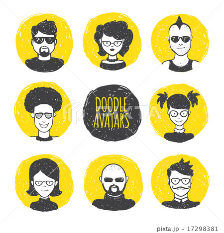 Vector user avatars in trendy hand drawn doodle style. Eight human faces on yellow circles. Vector user avatars in trendy hand drawn doodle style. Eight human faces on yellow circles. 17298381