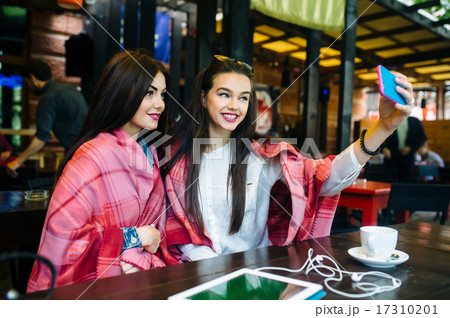 two close friends make selfie in the cafe 17310201