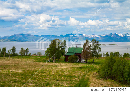 fjord, snow mountains and house, Norway, Lofoten fjord, snow mountains and house, Norway, Lofoten 17319245