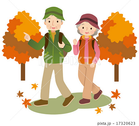 ハイキングする高齢者 秋 紅葉のイラスト素材