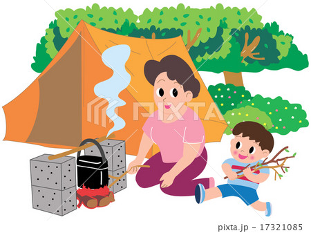 キャンプでハンゴウ炊飯するお母さんと男の子のイラスト素材