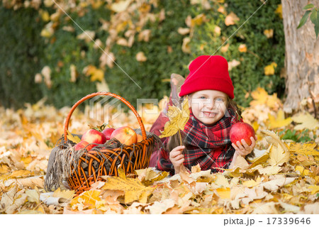 little girl in autumn park with apple basket little girl in autumn park with apple basket 17339646