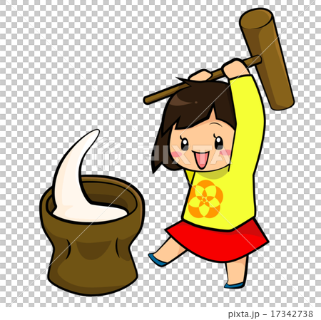 お餅をつく少女のイラスト素材