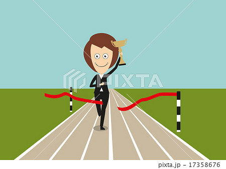 Business woman crossed finish line with trophy  17358676