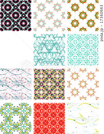 Set seamless geometric patterns - circles, swirls and floral textures Set seamless geometric patterns - circles, swirls and floral textures 17360663