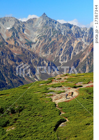 蝶ヶ岳の稜線を行く登山者と槍ヶ岳 17367344