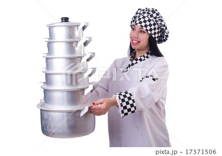 Cook with stack of pots on white Cook with stack of pots on white 17371506