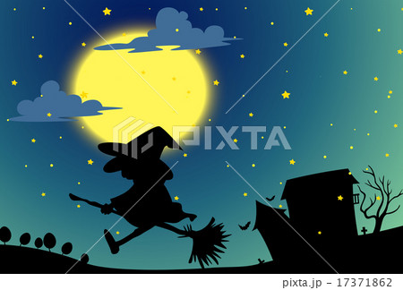 Silhouette witch flying on broom at night 17371862
