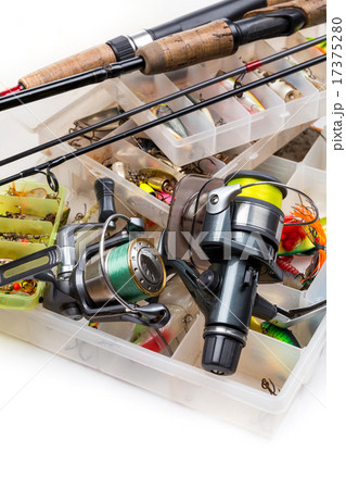 fishing tackles - rod, reel, line and lures in box 17375280