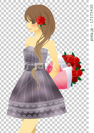 赤いバラの花束を持った ドレスの女性のイラストのイラスト素材