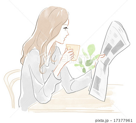 コーヒーを飲みながら新聞を読む女性のイラスト素材