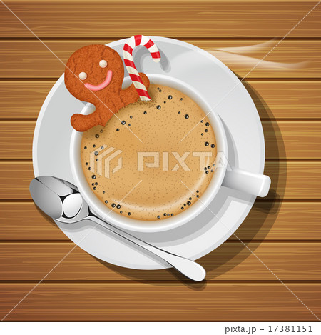 gingerbread in cup of hot coffeee with sugar cane gingerbread in cup of hot coffeee with sugar cane 17381151