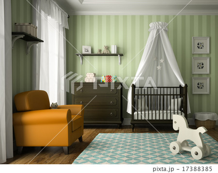 Classic children room with green stripes wall 17388385