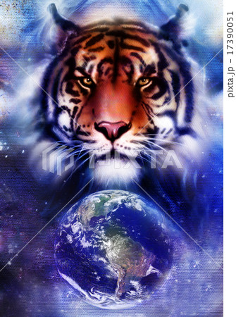 painting tiger on color cosmic space background, wildlife animals. With Earth and stars. painting tiger on color cosmic space background, wildlife animals. With Earth and stars. 17390051